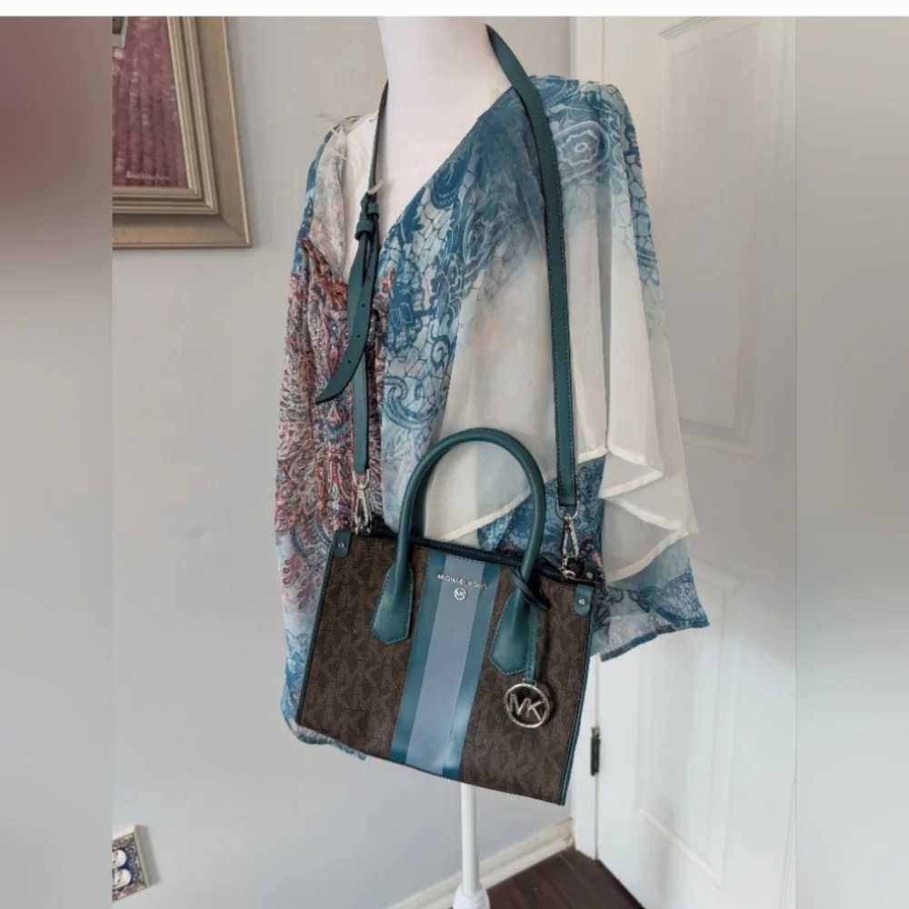 Michael Kors Brown Satchel with Teal and Light Blue Trim